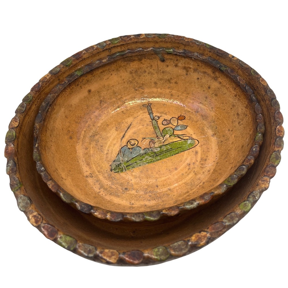 Vintage Tlaquepaque‎ Jose Maldonado Terracotta Mexico Folk Art set two Bowls